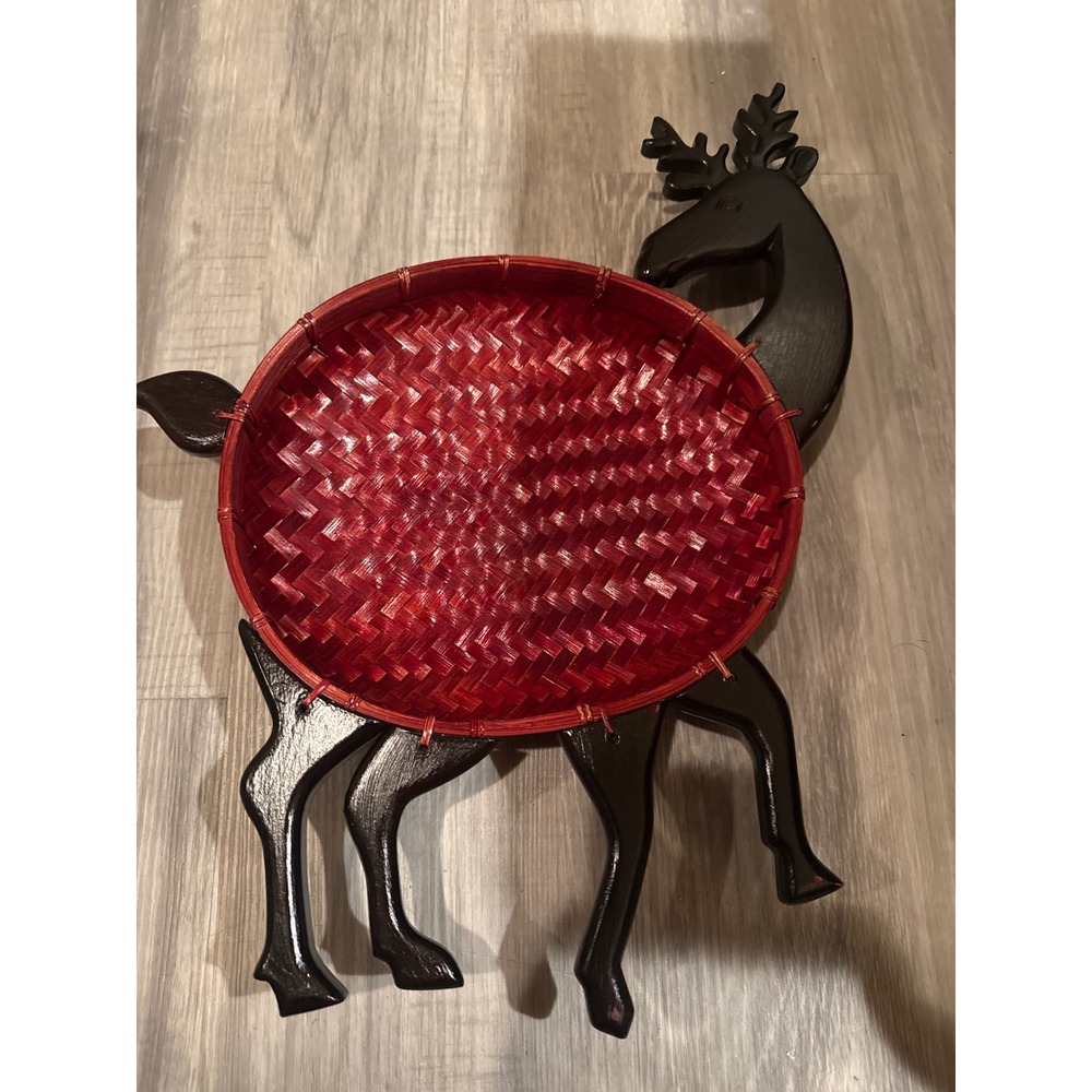 Vintage Wood Reindeer Decorative Tray Red Woven Basket Inset Christmas Decor